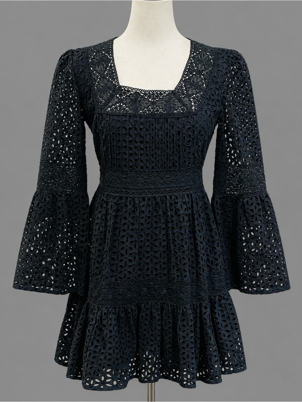 Black Eyelet Lace Bell Sleeve Empire Waist Mini Dress Size 2 S
